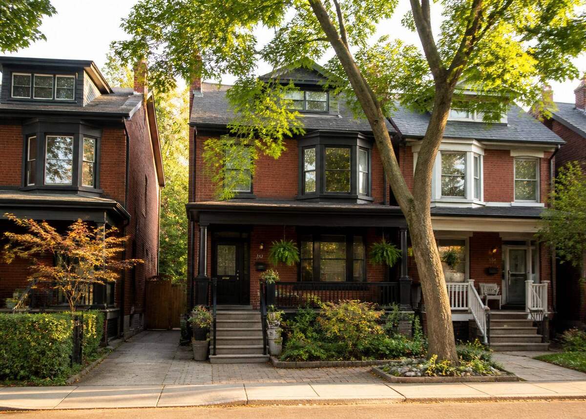 Red brick semi-detached homes on a leafy Toronto street